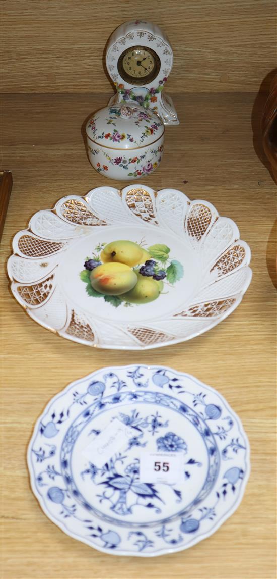 A Meissen Marcolini box and cover, a Meissen dish, plate and a Continental timepiece